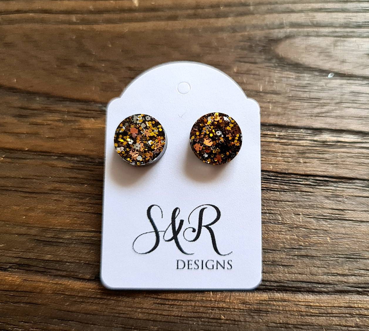 Circle Dot Resin Stud Earrings, Black, Gold, Silver, Rosegold Glitter Earrings. Stainless Steel Stud Earrings. 8mm, 10mm or 12mm