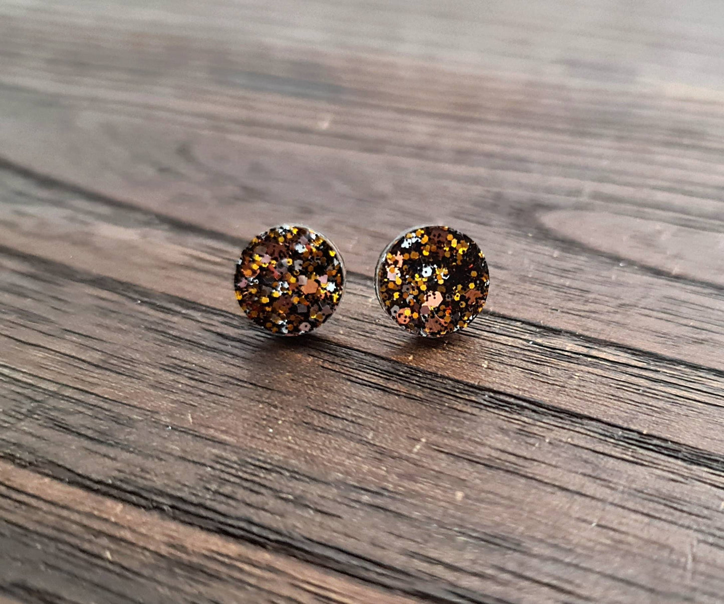 Circle Dot Resin Stud Earrings, Black, Gold, Silver, Rosegold Glitter Earrings. Stainless Steel Stud Earrings. 8mm, 10mm or 12mm