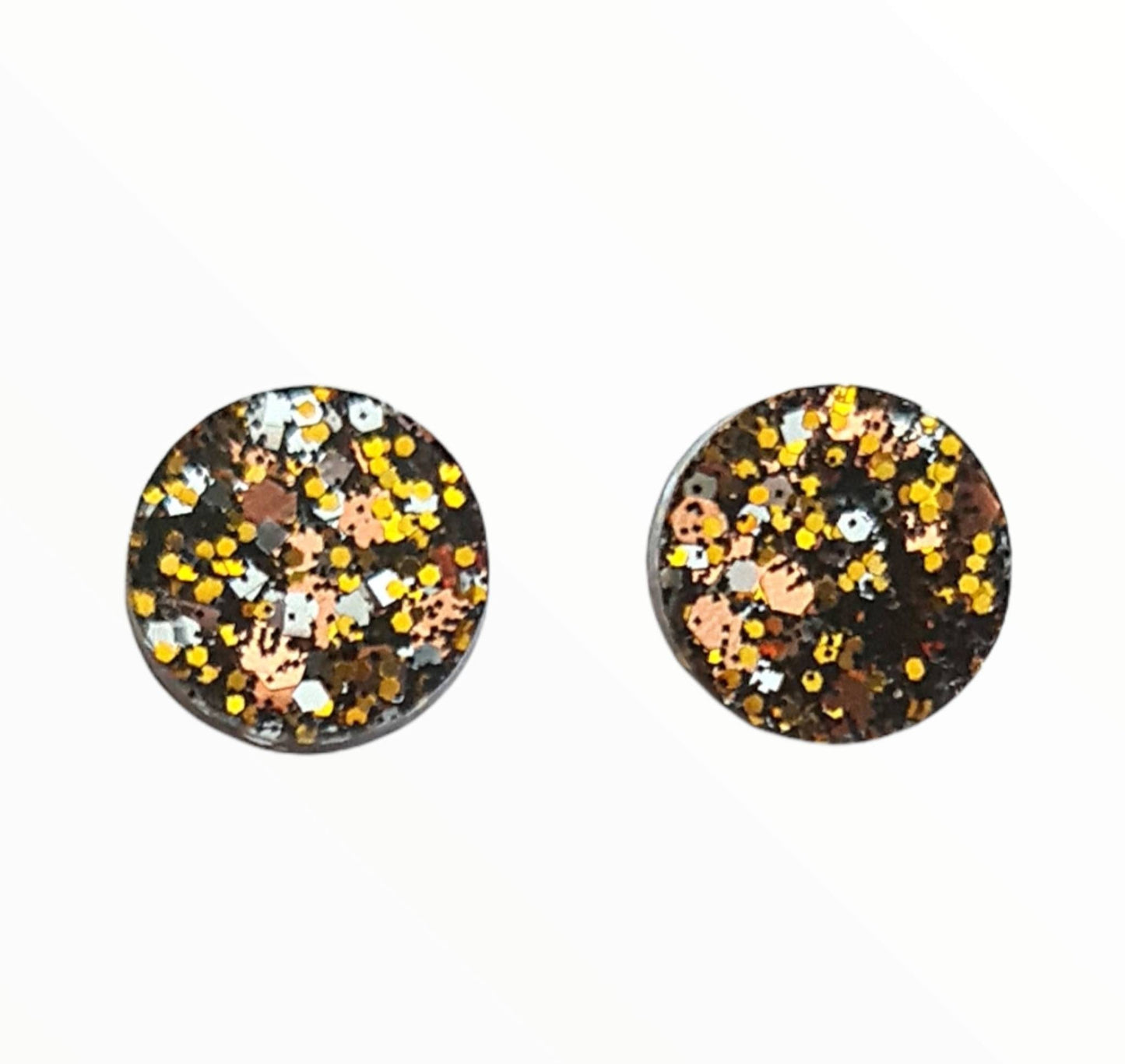 Circle Dot Resin Stud Earrings, Black, Gold, Silver, Rosegold Glitter Earrings. Stainless Steel Stud Earrings. 8mm, 10mm or 12mm