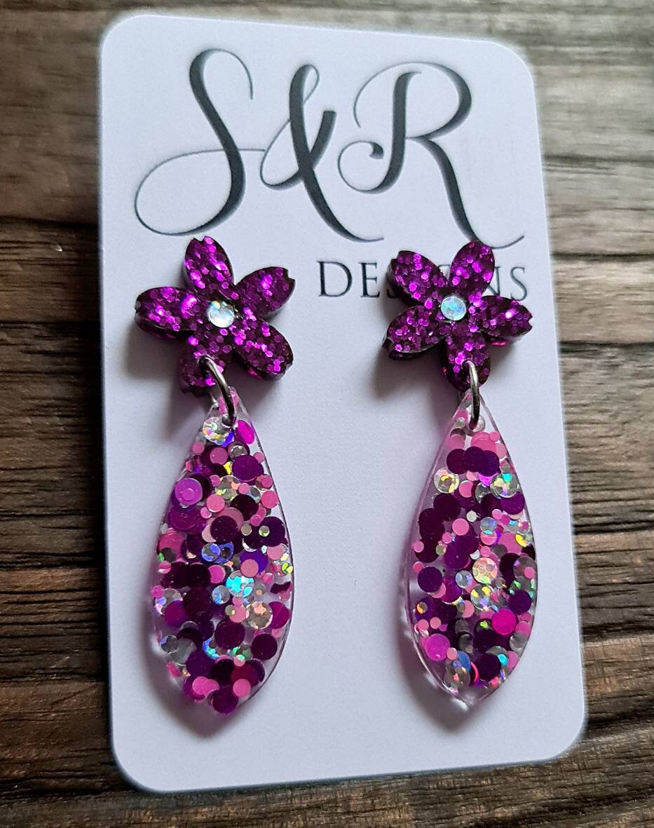 Flower Teardrop Stud Dangle Earrings, Statement Earrings, Fuchsia Pink Silver Holographic Glitter Mix