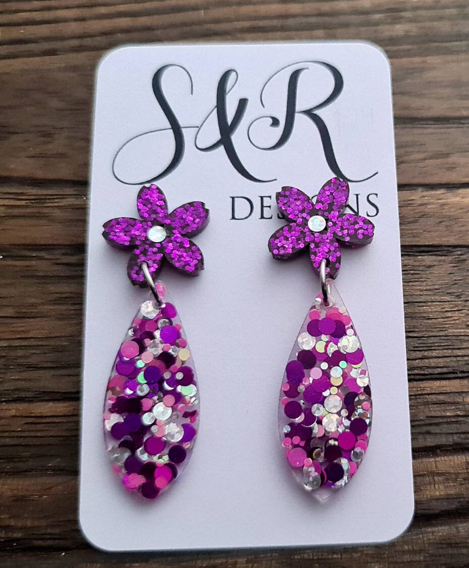 Flower Teardrop Stud Dangle Earrings, Statement Earrings, Fuchsia Pink Silver Holographic Glitter Mix
