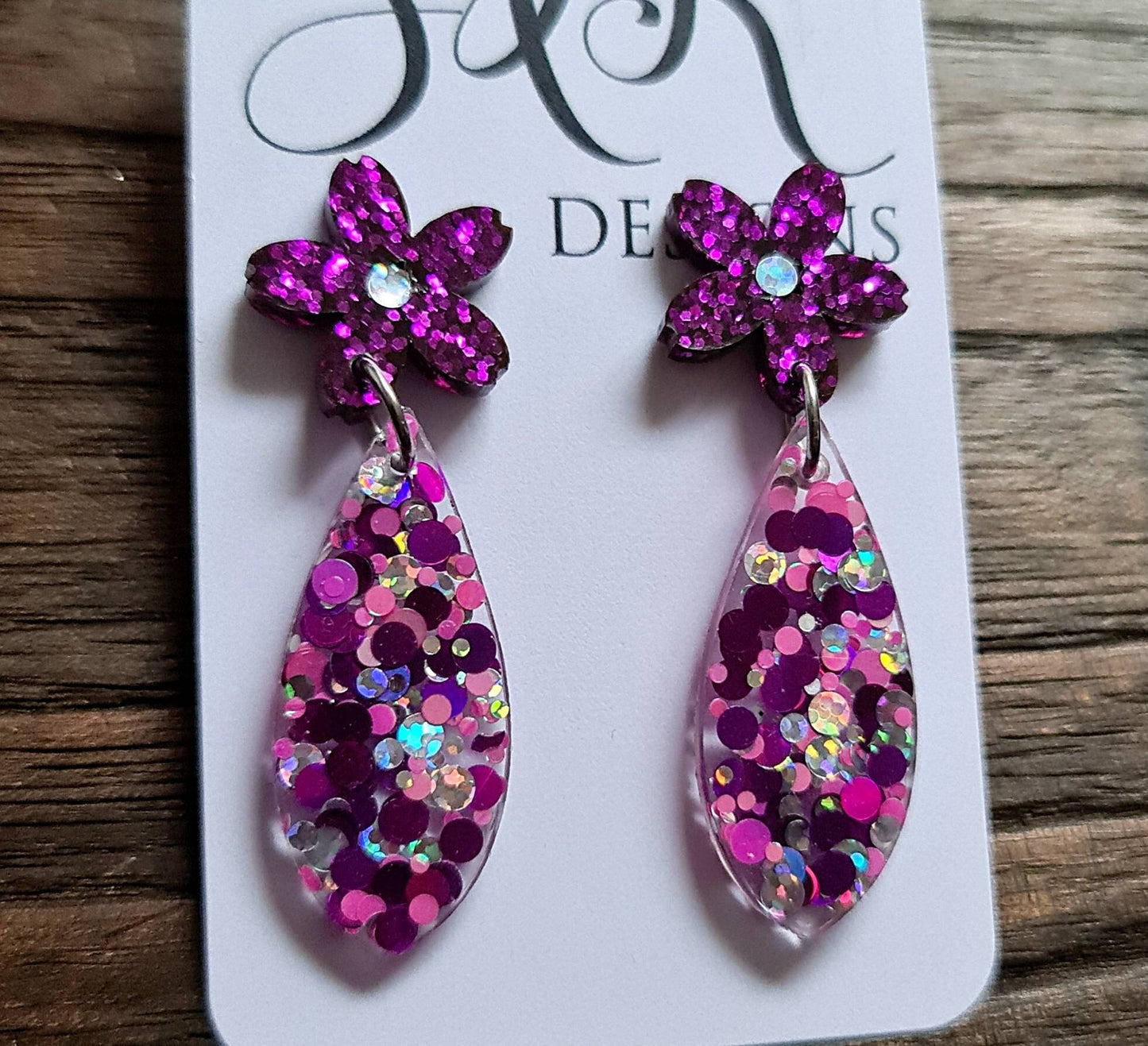 Flower Teardrop Stud Dangle Earrings, Statement Earrings, Fuchsia Pink Silver Holographic Glitter Mix