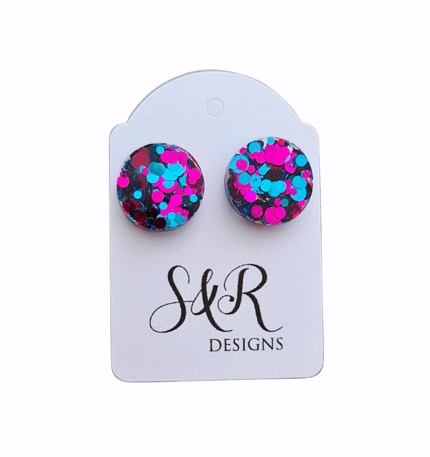 Circle Dot Resin Stud Earrings, Aqua Hot Pink Glitter Earrings. Stainless Steel Stud Earrings. 15mm, 12mm, 10mm, 8mm