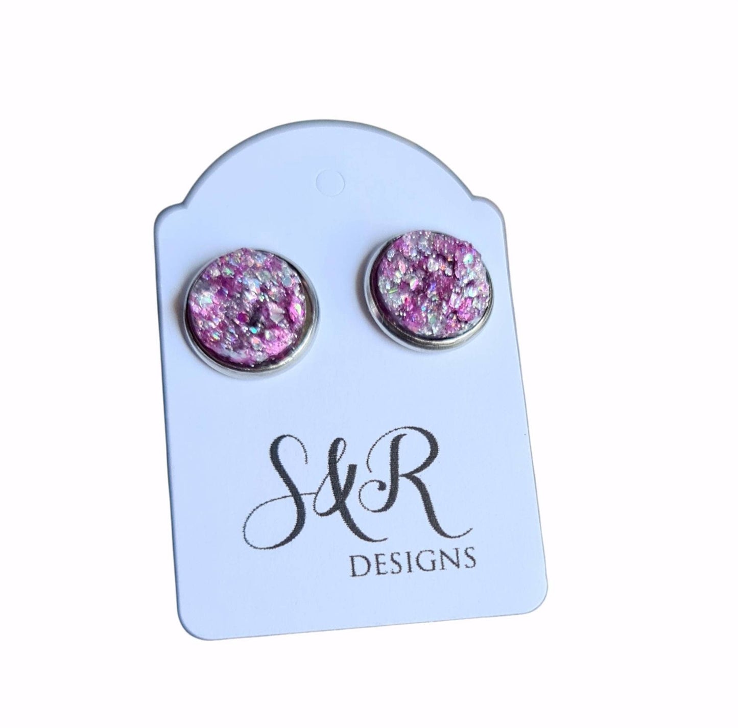 Lilac Pink Silver Mix Faux Druzy Stud Earrings, Stainless Steel Bezel Earrings 12mm