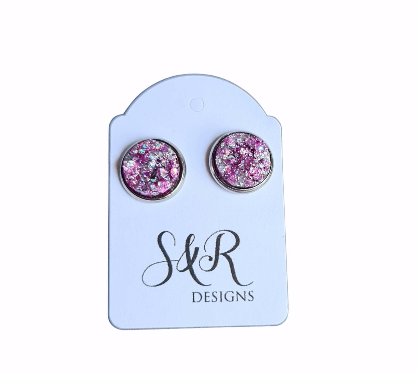 Lilac Pink Silver Mix Faux Druzy Stud Earrings, Stainless Steel Bezel Earrings 12mm