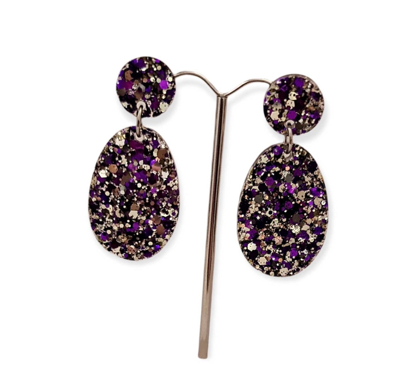 Statement Oval Long Resin Earrings, Silver Purple Mix Glitter Resin Earrings, Stainless Steel Earrings.
