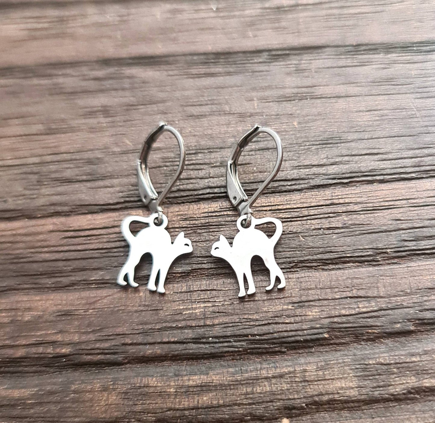 Cat Leverback Earrings, Cat Dangle Earrings, Stainless Steel Dangle Leverback, threaders or Hook Earrings.