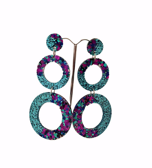 Elegance Extra Long Hoop Circle Earrings, Teal, Navy, Pink, Purple Glitter Dangle, Statement Earrings