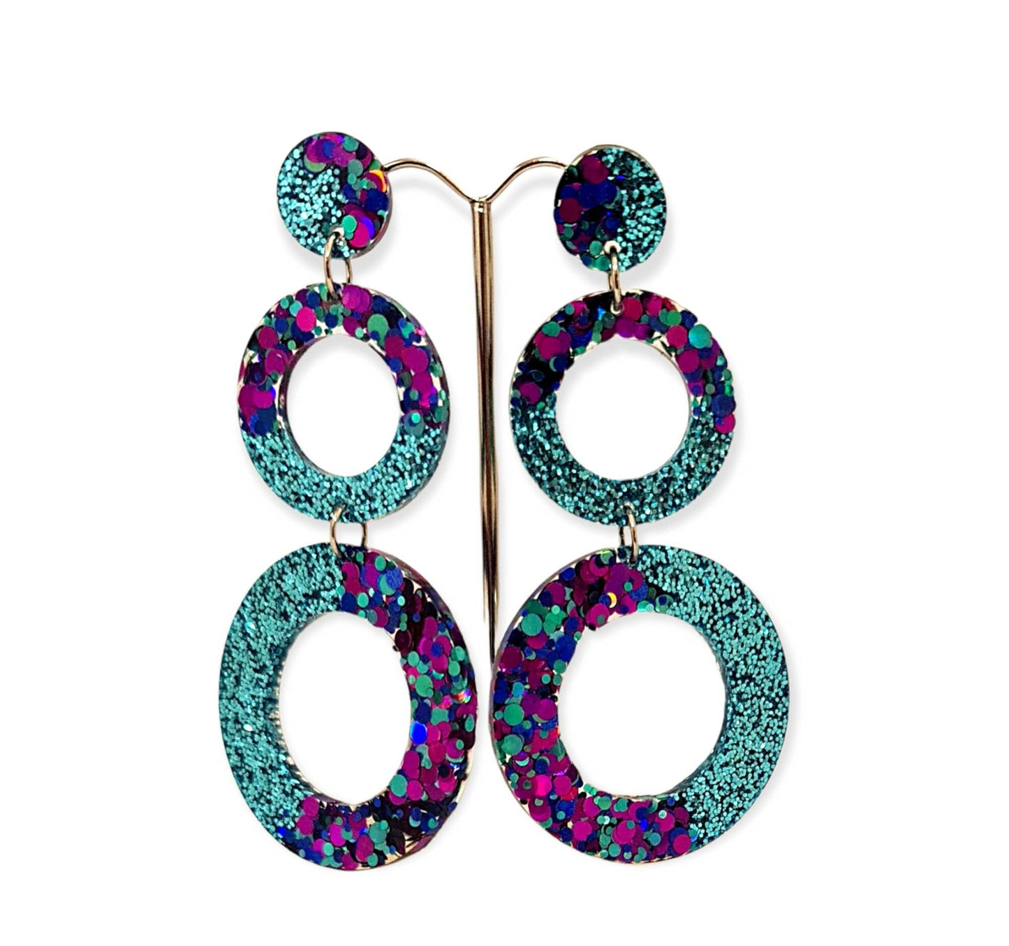 Elegance Extra Long Hoop Circle Earrings, Teal, Navy, Pink, Purple Glitter Dangle, Statement Earrings