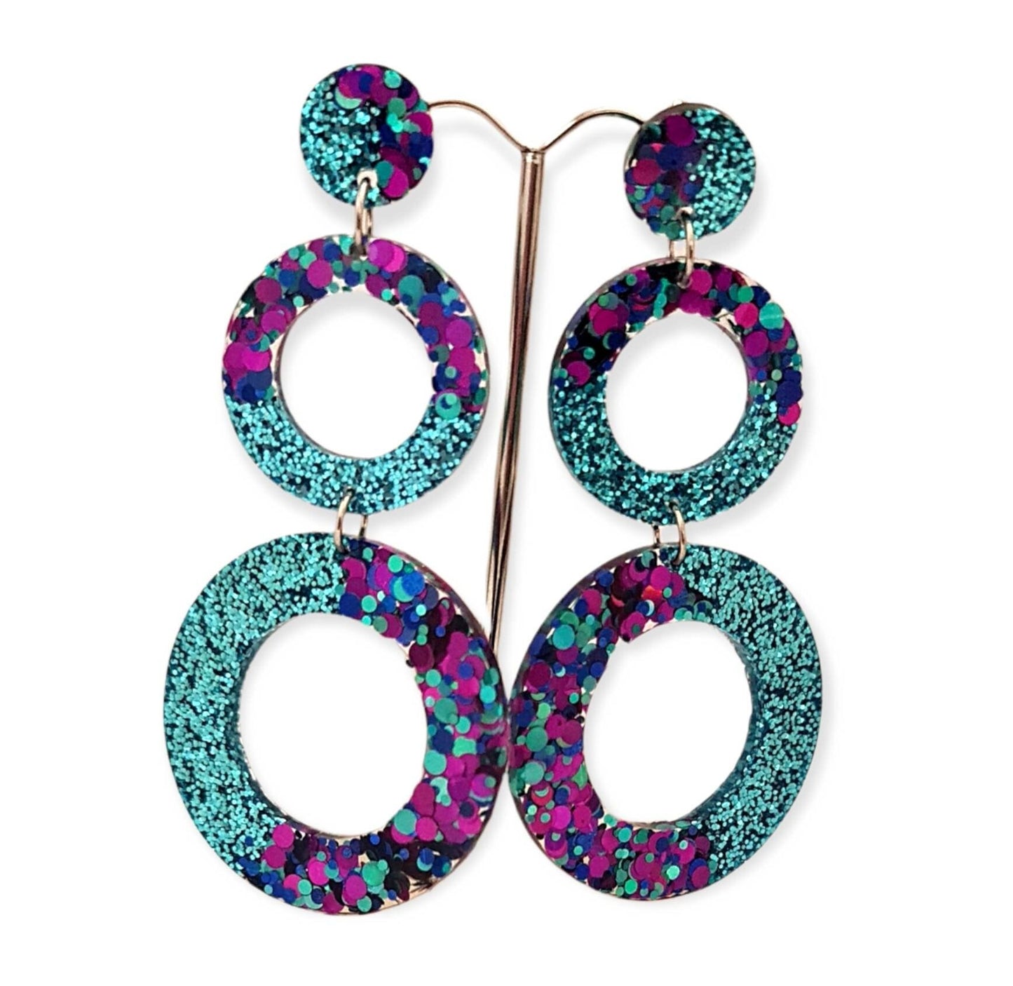 Elegance Extra Long Hoop Circle Earrings, Teal, Navy, Pink, Purple Glitter Dangle, Statement Earrings