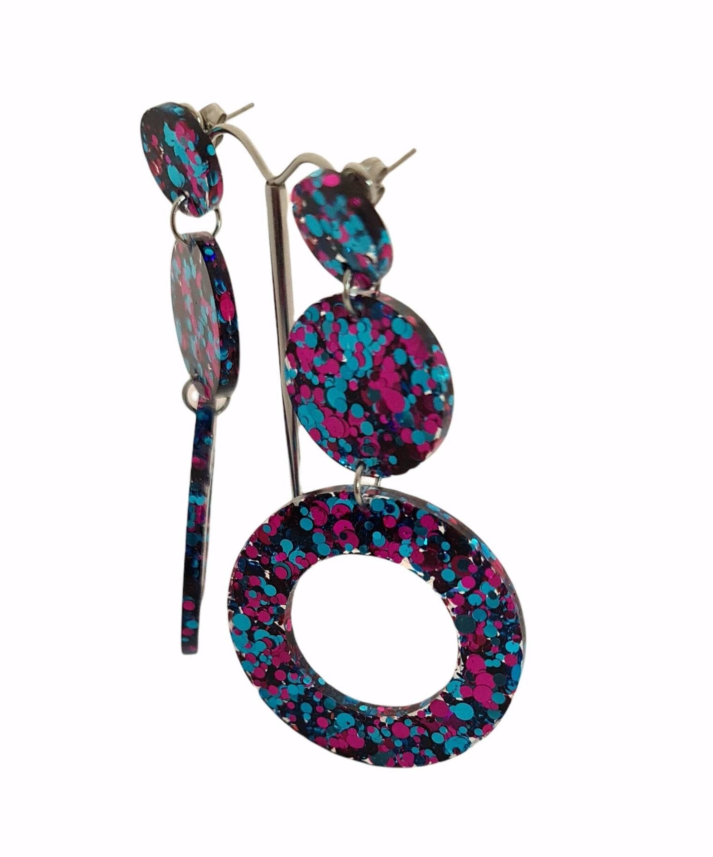 Elegance Extra Long Circle Earrings, Metalic Teal Blue and Hot Pink Glitter Dangle, Statement Earrings made with Stainless Steel