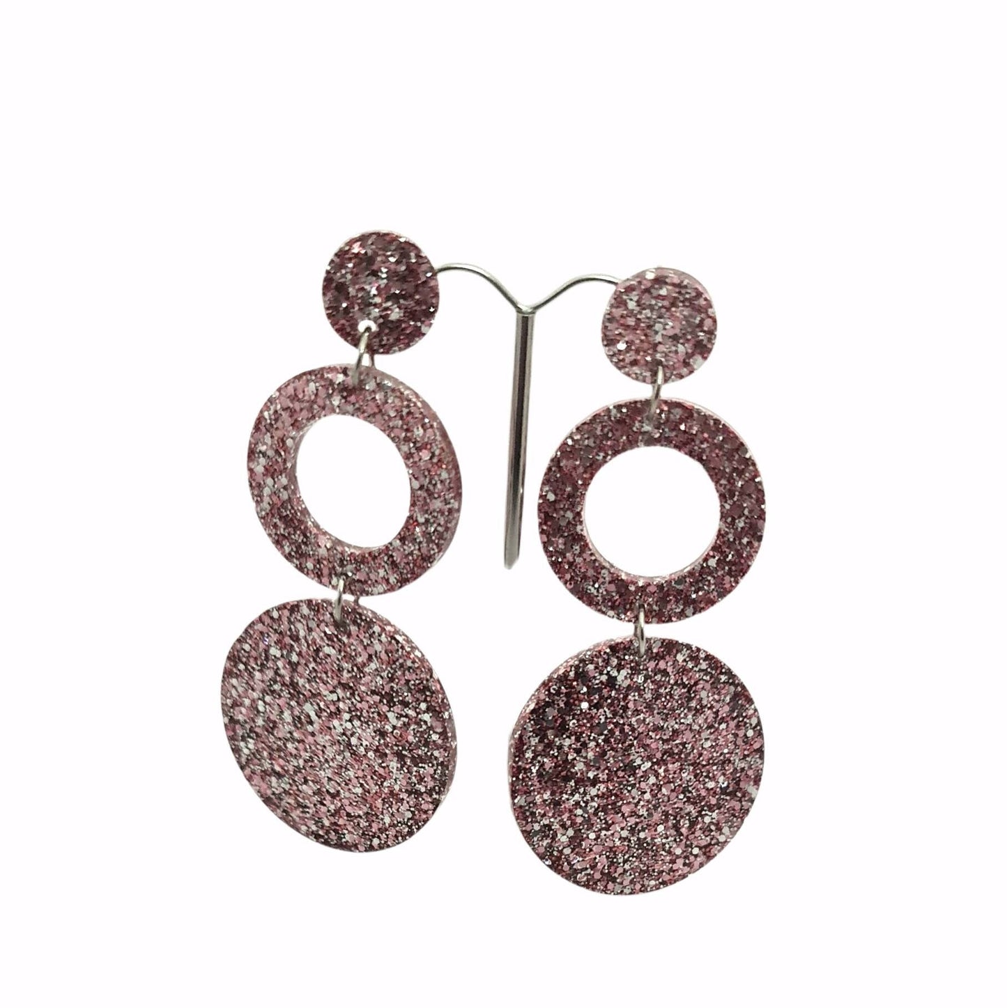 Long Hoop Circle Earrings, Holographic Salmon Pink, Silver Glitter Dangle, Statement Earrings