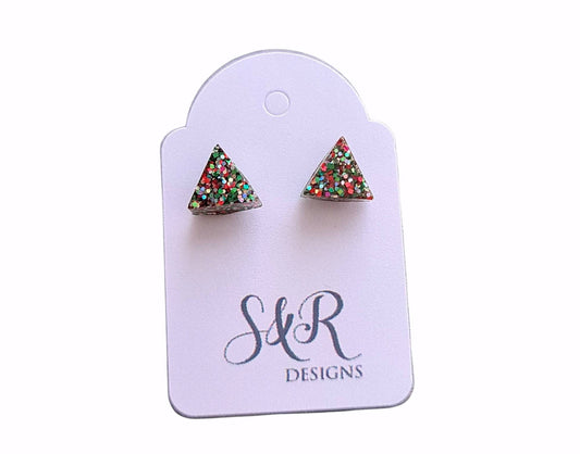 Triangle Resin Stud Earrings, Christmas Earrings, Glitter Earrings, Stainless Steel. 8mm