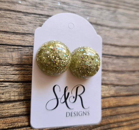 Resin Ball Stud Earrings, Silver Glitter Mix Earrings, Stainless Steel Earrings 14mm