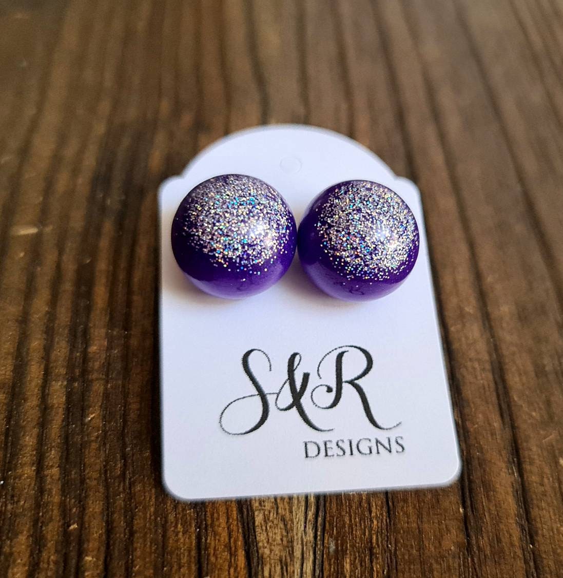Resin Ball Stud Earrings, Purple Silver Holographic Glitter Mix Earrings, Stainless Steel Earrings 14mm