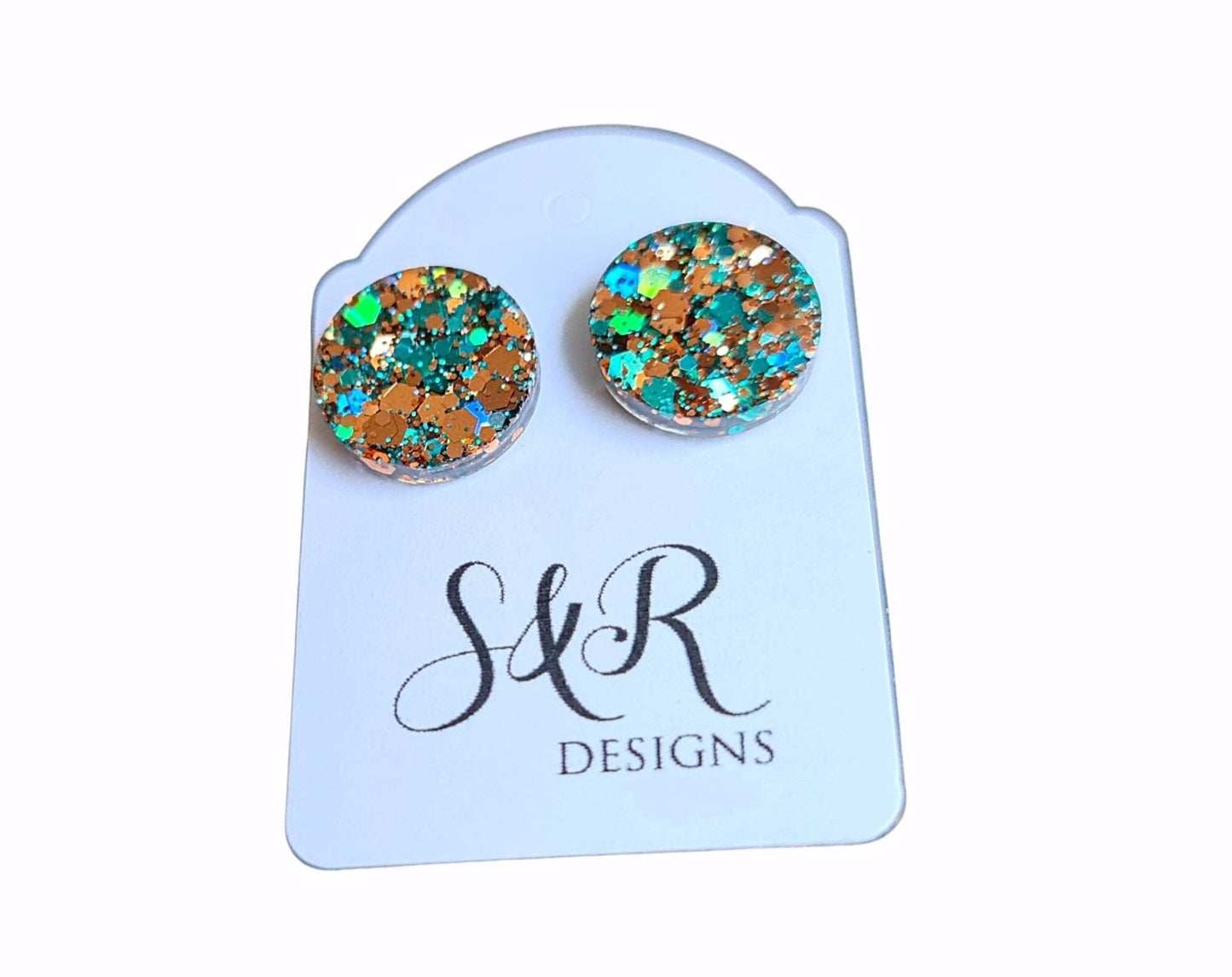Rosegold Teal Circle Dot Resin Stud Earrings, Jasmine's Treasure Earrings. Stainless Steel Stud Earrings. 8mm, 10mm, 12mm or 15mm