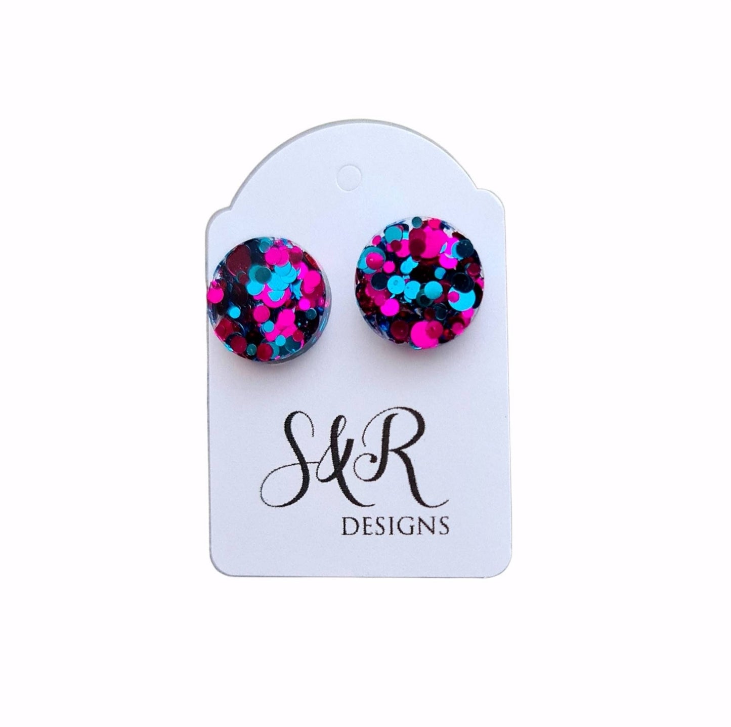 Circle Dot Resin Stud Earrings, Aqua Hot Pink Glitter Earrings. Stainless Steel Stud Earrings. 15mm, 12mm, 10mm, 8mm