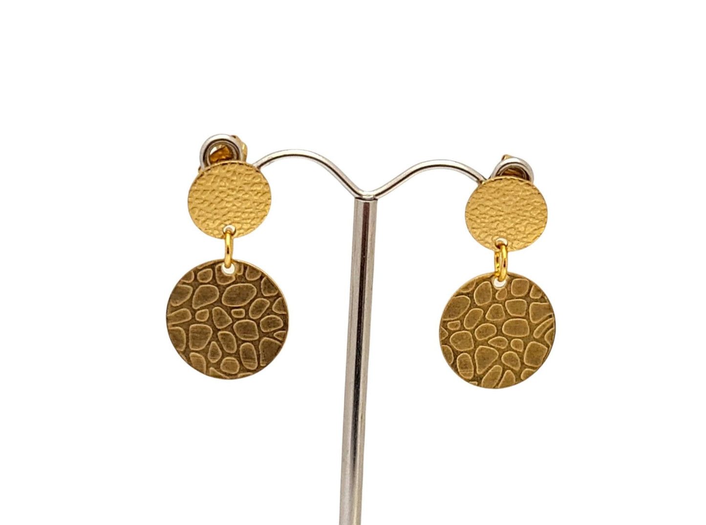 Hammered Texture Gold Circle Double Disc Dangle Earrings, Stainless Steel Stud Dangle Coin Earrings.