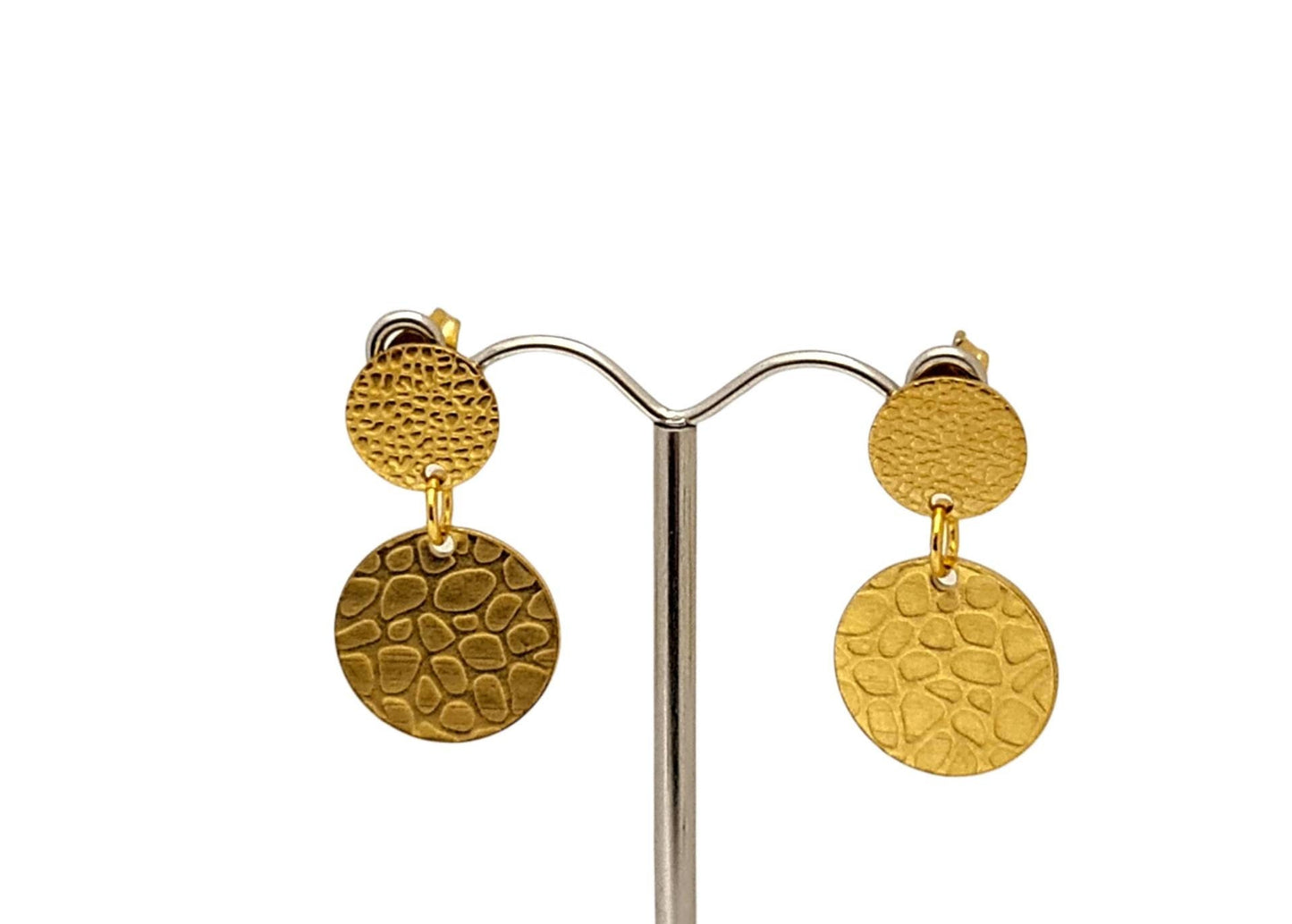 Hammered Texture Gold Circle Double Disc Dangle Earrings, Stainless Steel Stud Dangle Coin Earrings.