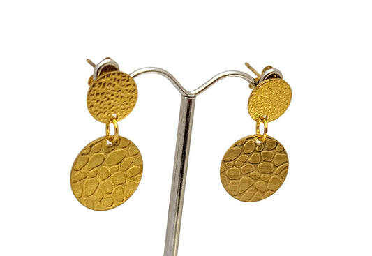 Hammered Texture Gold Circle Double Disc Dangle Earrings, Stainless Steel Stud Dangle Coin Earrings.