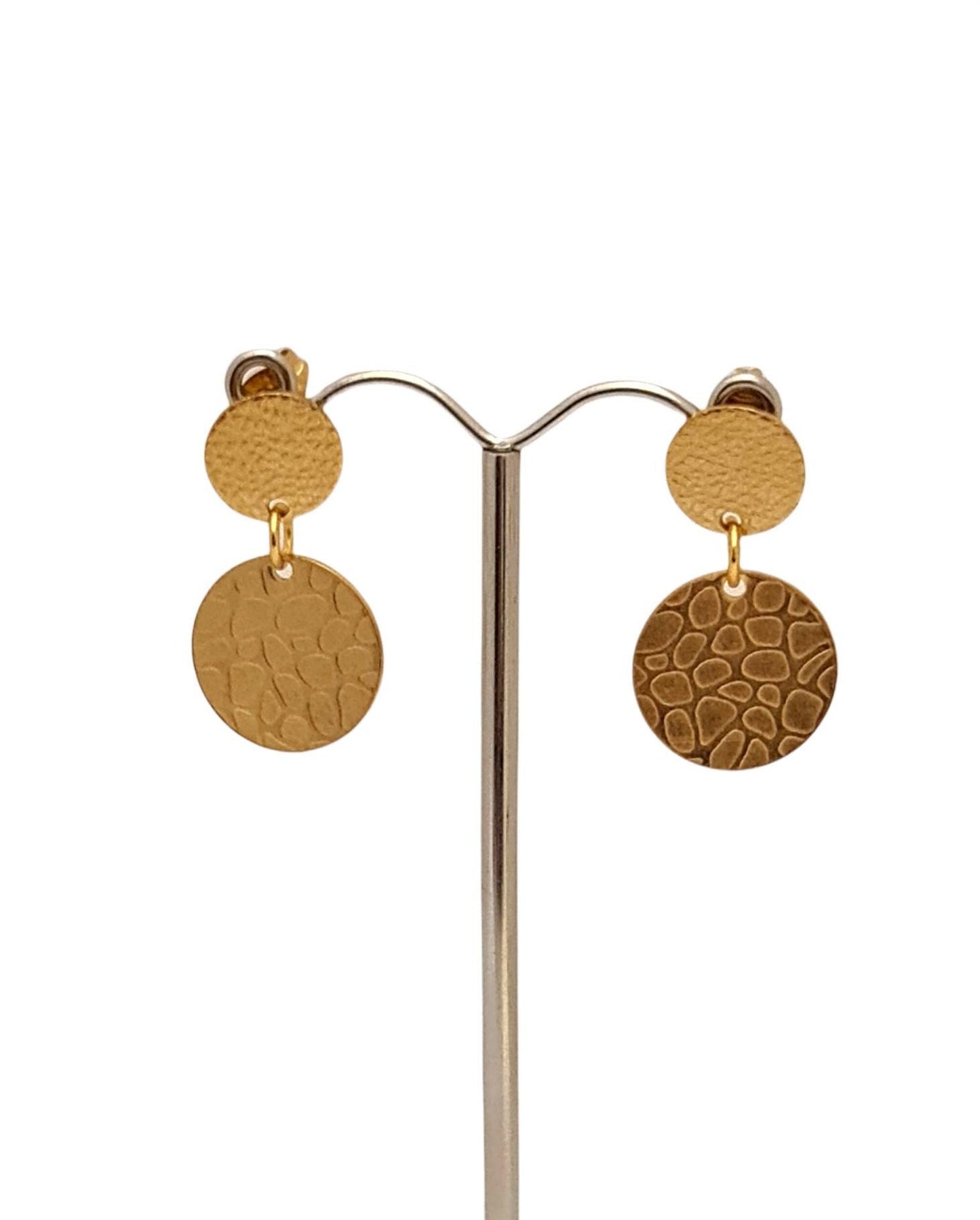 Hammered Texture Gold Circle Double Disc Dangle Earrings, Stainless Steel Stud Dangle Coin Earrings.