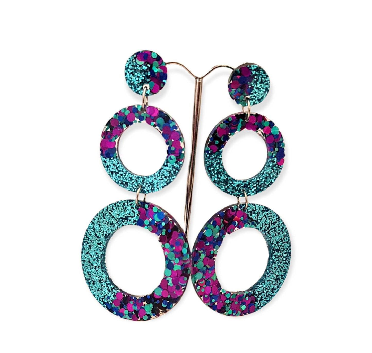Elegance Extra Long Hoop Circle Earrings, Teal, Navy, Pink, Purple Glitter Dangle, Statement Earrings