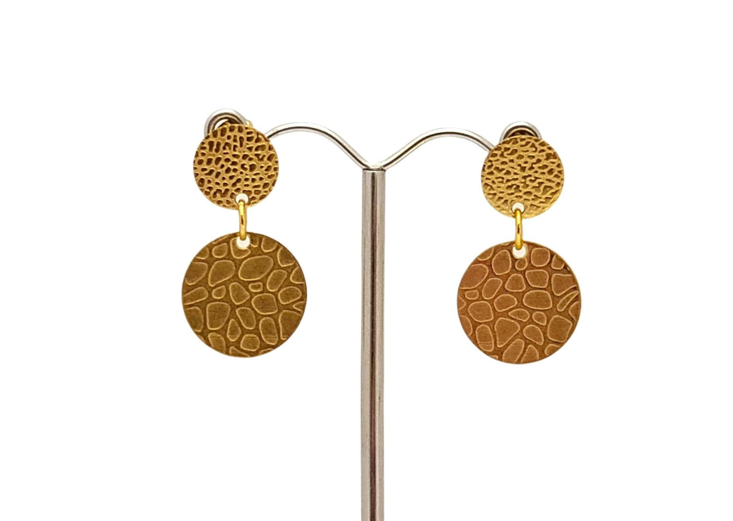 Hammered Texture Gold Circle Double Disc Dangle Earrings, Stainless Steel Stud Dangle Coin Earrings.