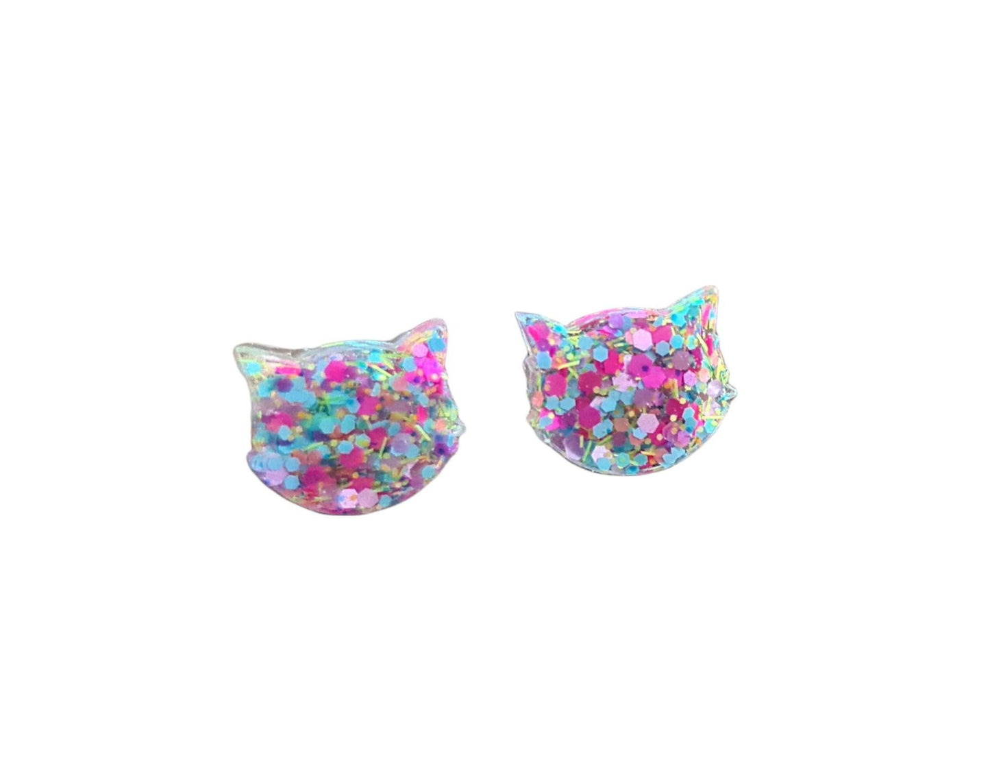 Cat Earrings, Cat Resin Stud Earrings, Hot Pink, Pastel Pink, Blue, Purple, White Earrings, Cat Glitter Earrings made with Stainless Steel.