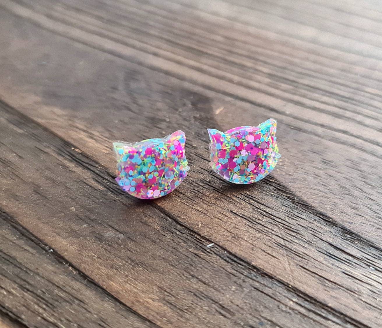 Cat Earrings, Cat Resin Stud Earrings, Hot Pink, Pastel Pink, Blue, Purple, White Earrings, Cat Glitter Earrings made with Stainless Steel.