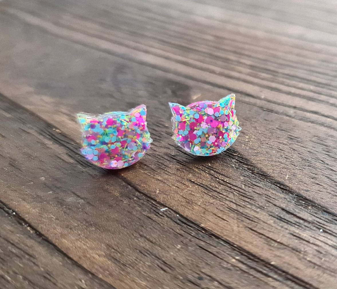 Cat Earrings, Cat Resin Stud Earrings, Hot Pink, Pastel Pink, Blue, Purple, White Earrings, Cat Glitter Earrings made with Stainless Steel.