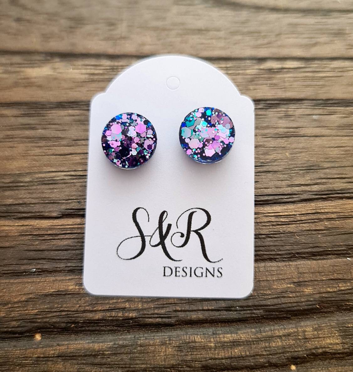 Chameleo Circle Dot Resin Stud Earrings, Pink Blue Chameleon Chunky Glitter Earrings. Stainless Steel Stud Earrings. 15mm, 12mm, 10mm or 8mm