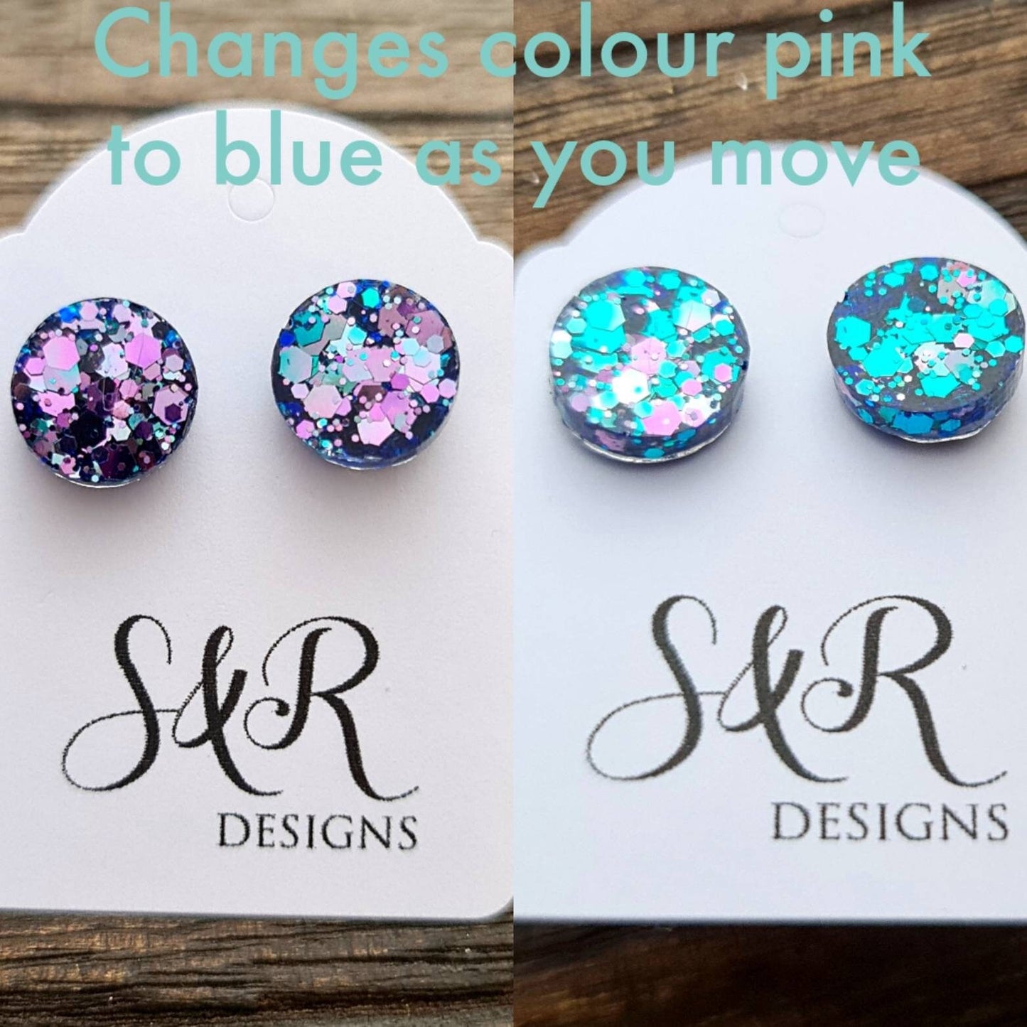 Chameleo Circle Dot Resin Stud Earrings, Pink Blue Chameleon Chunky Glitter Earrings. Stainless Steel Stud Earrings. 15mm, 12mm, 10mm or 8mm