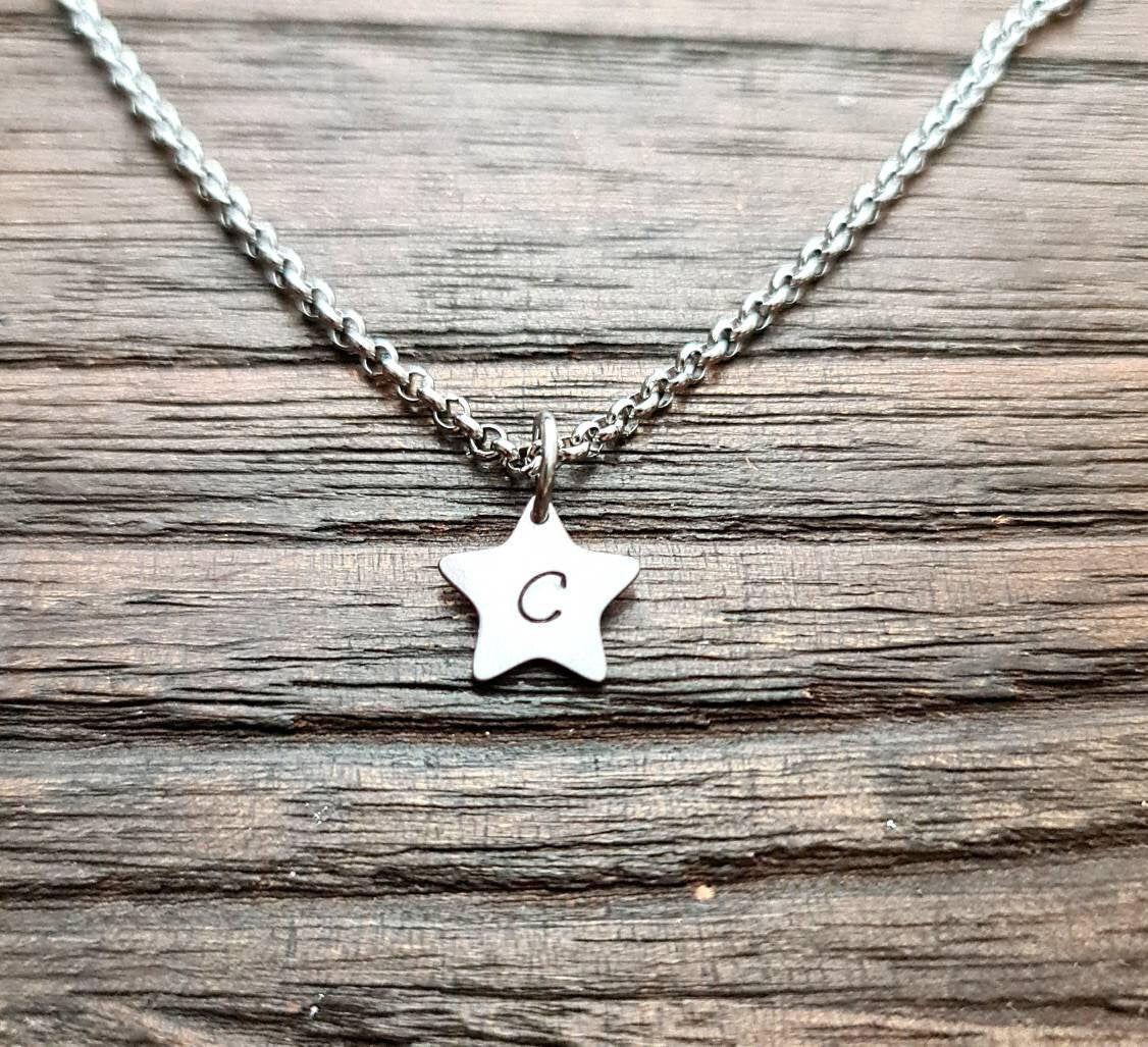 Star Necklace, Personalised Necklace, Hand Stamped Star Initial Necklace Pendant Stainless Steel. Personalized Gift