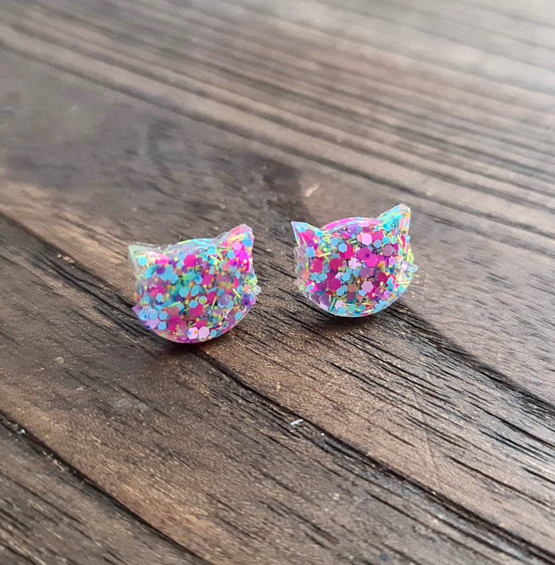 Cat Earrings, Cat Resin Stud Earrings, Hot Pink, Pastel Pink, Blue, Purple, White Earrings, Cat Glitter Earrings made with Stainless Steel.