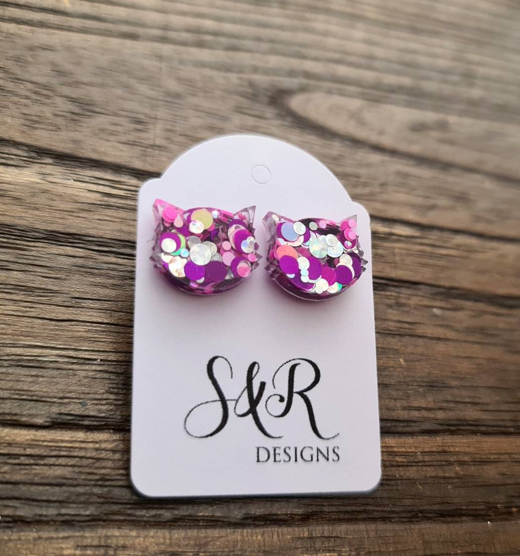 Cat Earrings, Cat Resin Stud Earrings, Silver Holographic, Purple Pink Earrings, Cat Glitter Earrings made with Stainless Steel.