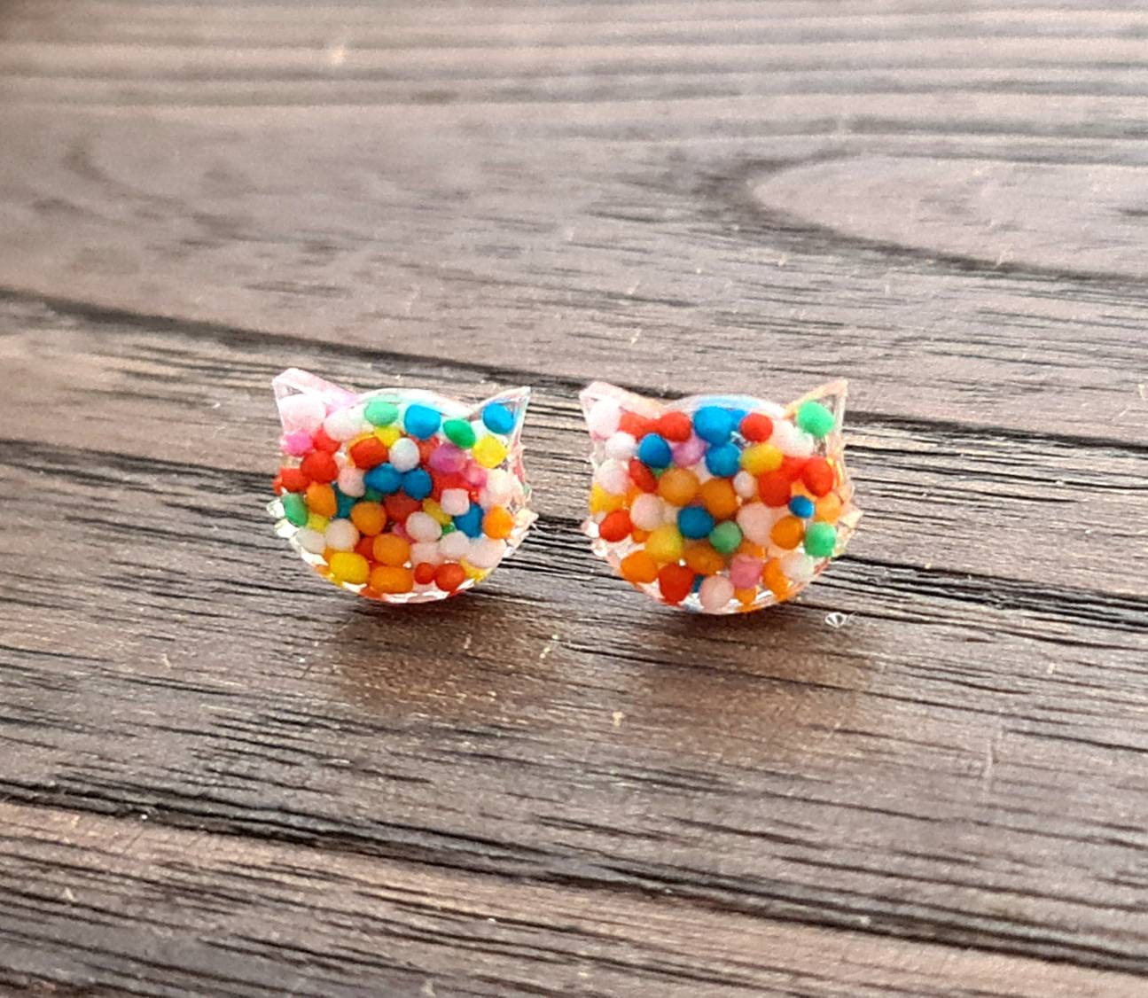 Cat Sprinkle Stud Earrings, Cat Resin Earrings, Real Candy 100s & 1000s Earrings made with Stainless Steel.