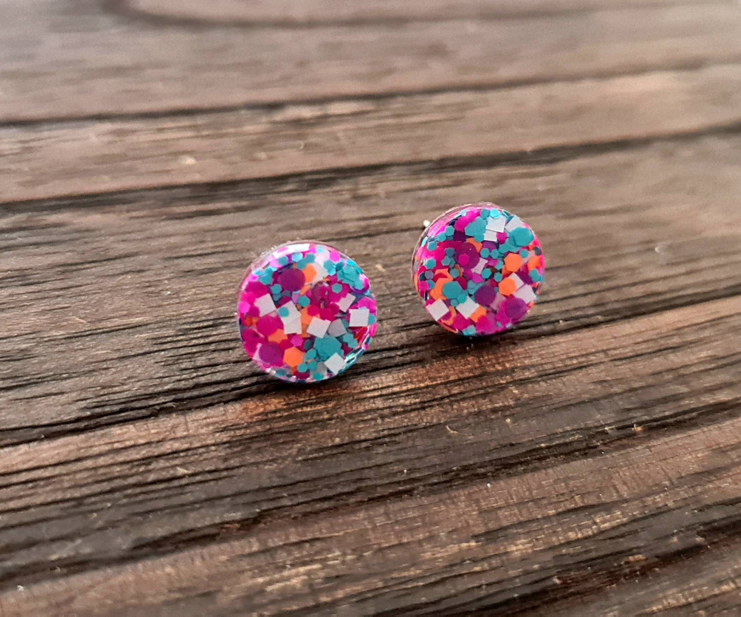 Circle Dot Resin Stud Earrings, Pink White Teal Orange Glitter Earrings. Sisterly Love Stainless Steel Studs. 15mm, 12mm, 10mm or 8mm