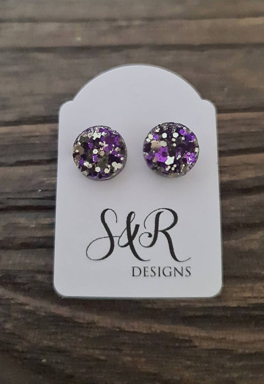 Circle Dot Resin Stud Earrings, Purple Silver Glitter Earrings. Stainless Steel Stud Earrings. 15mm, 12mm, 10mm or 8mm