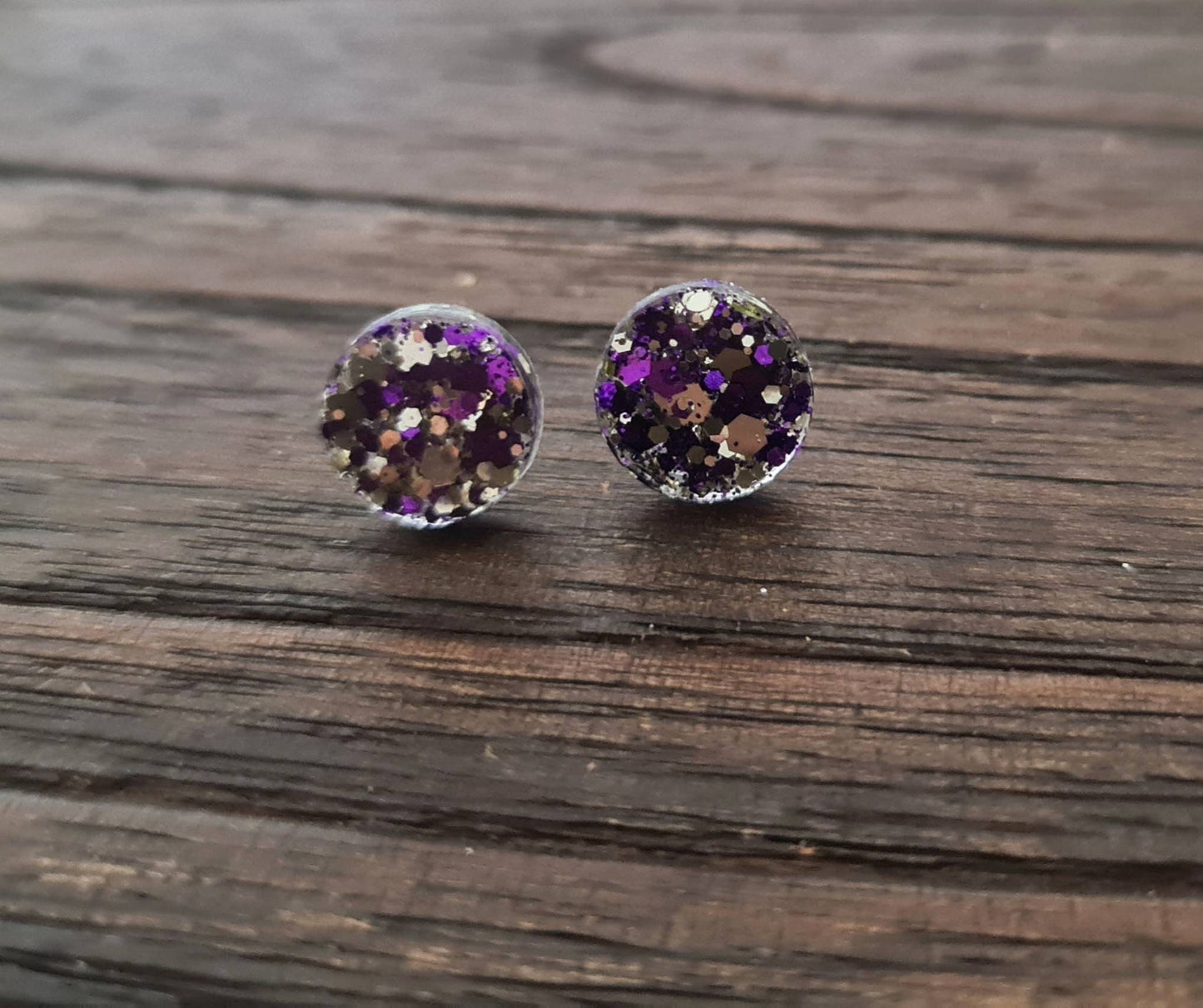 Circle Dot Resin Stud Earrings, Purple Silver Glitter Earrings. Stainless Steel Stud Earrings. 15mm, 12mm, 10mm or 8mm