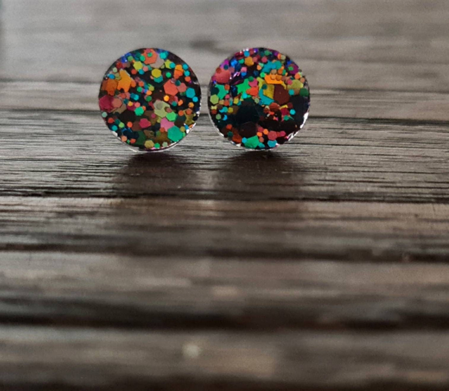 Circle Dot Resin Stud Earrings, Kaleidoscope Glitter Earrings, Rainbow Earrings, Stainless Steel Stud Earrings. 15mm, 12mm, 10mm or 8mm