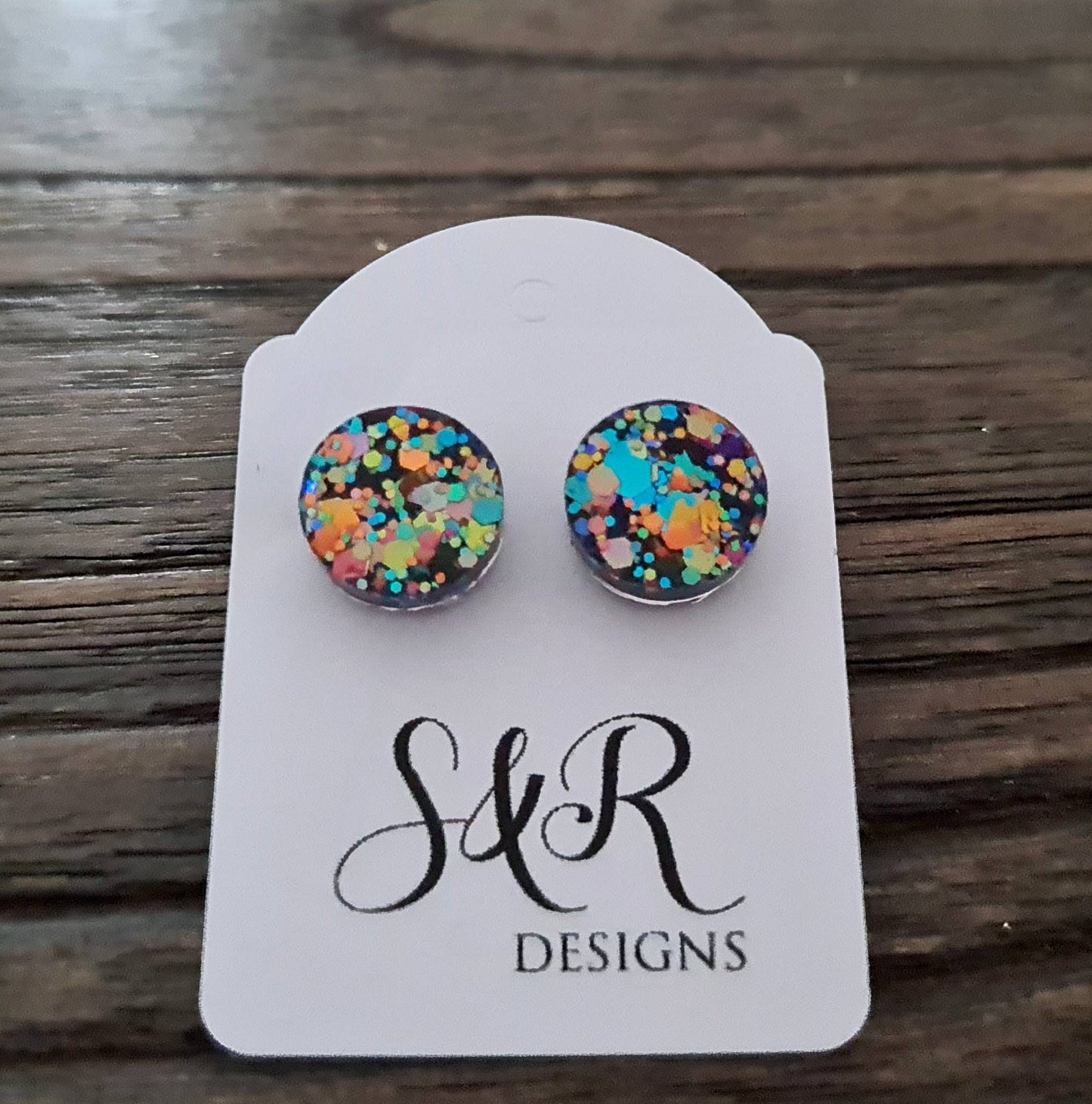 Circle Dot Resin Stud Earrings, Kaleidoscope Glitter Earrings, Rainbow Earrings, Stainless Steel Stud Earrings. 15mm, 12mm, 10mm or 8mm