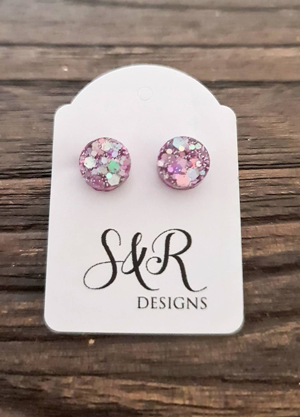Pink Circle Dot Resin Stud Earrings, Pink Holographic Glitter Earrings. Stainless Steel Stud Earrings. 15mm, 12mm, 10mm or 8mm