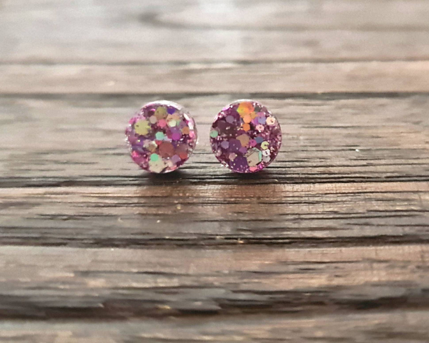 Pink Circle Dot Resin Stud Earrings, Pink Holographic Glitter Earrings. Stainless Steel Stud Earrings. 15mm, 12mm, 10mm or 8mm