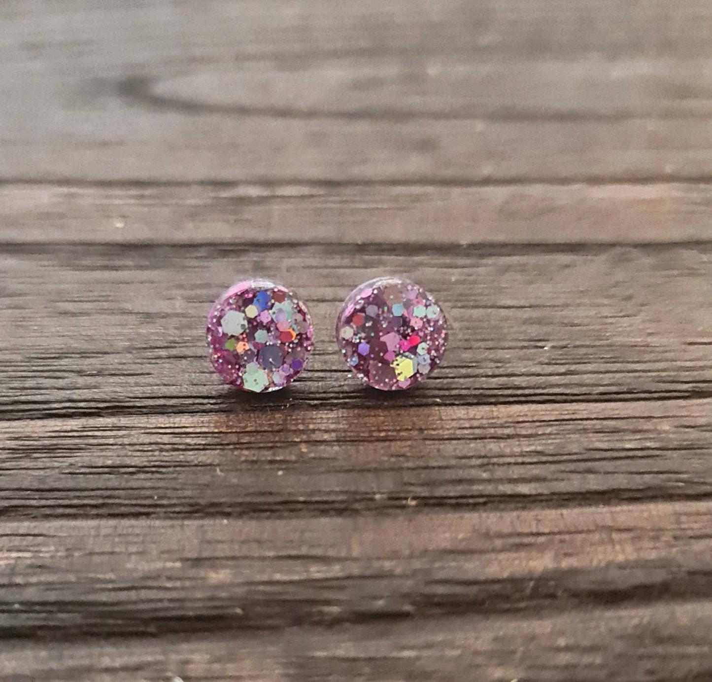 Pink Circle Dot Resin Stud Earrings, Pink Holographic Glitter Earrings. Stainless Steel Stud Earrings. 15mm, 12mm, 10mm or 8mm