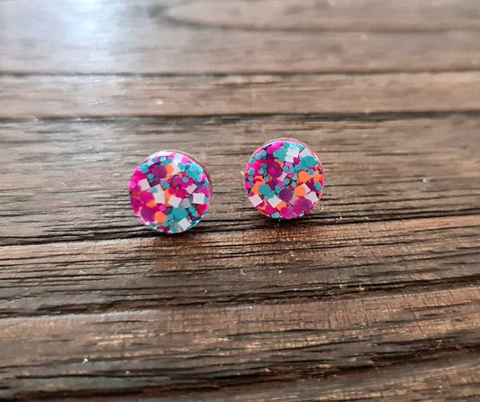 Circle Dot Resin Stud Earrings, Pink White Teal Orange Glitter Earrings. Sisterly Love Stainless Steel Studs. 15mm, 12mm, 10mm or 8mm