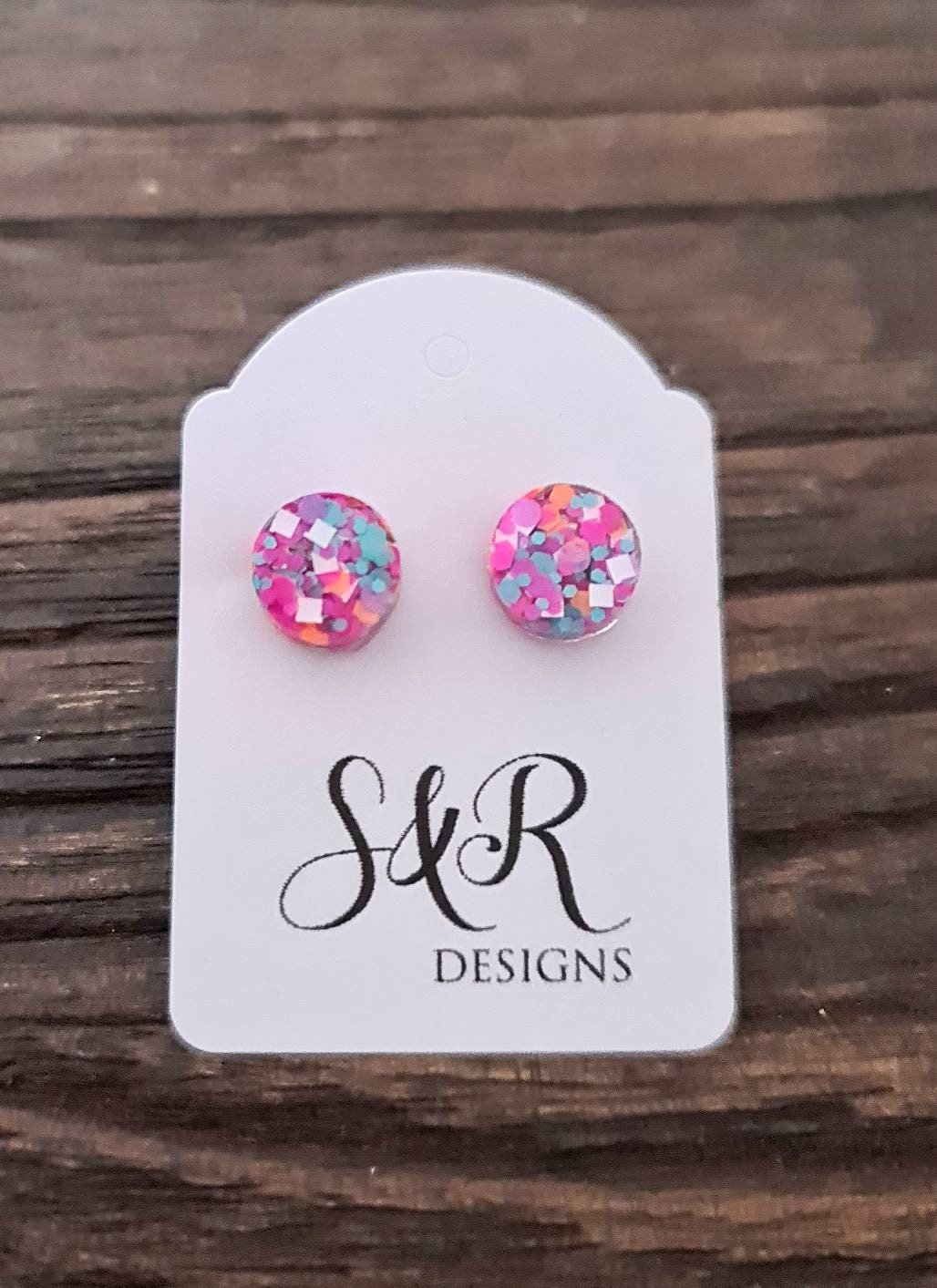 Circle Dot Resin Stud Earrings, Pink White Teal Orange Glitter Earrings. Sisterly Love Stainless Steel Studs. 15mm, 12mm, 10mm or 8mm