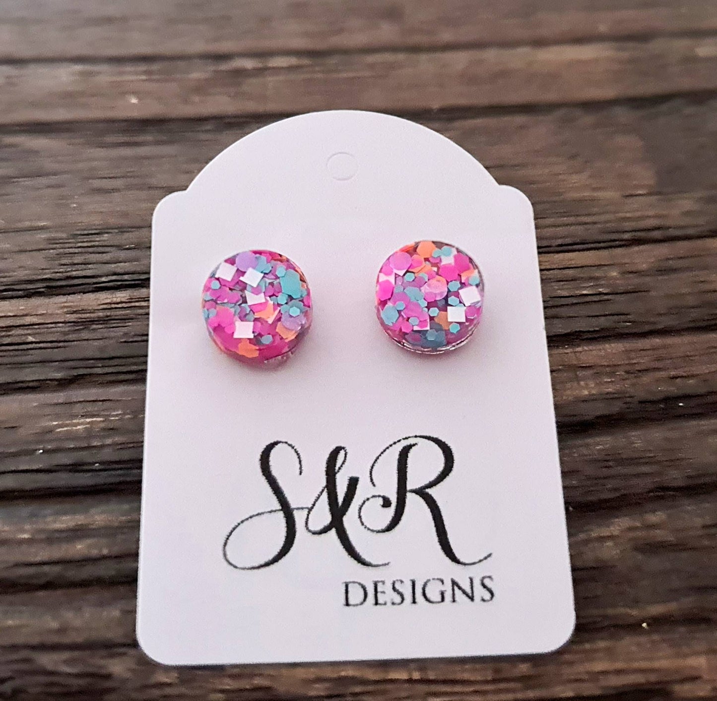 Circle Dot Resin Stud Earrings, Pink White Teal Orange Glitter Earrings. Sisterly Love Stainless Steel Studs. 15mm, 12mm, 10mm or 8mm