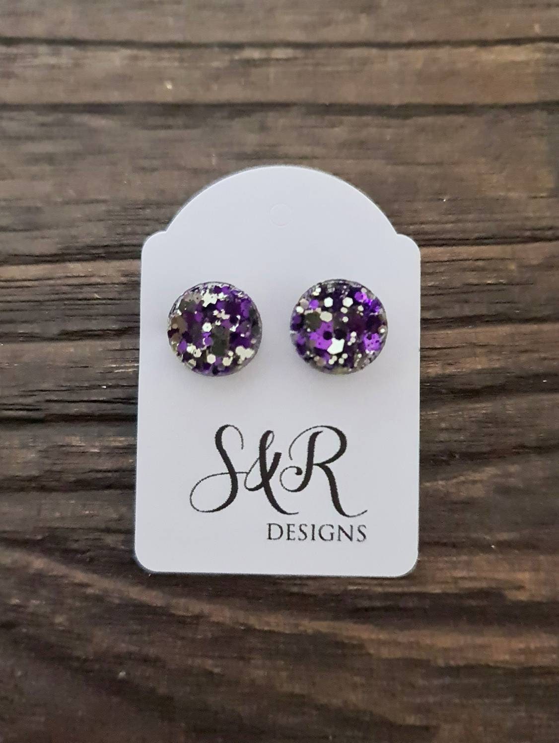 Circle Dot Resin Stud Earrings, Purple Silver Glitter Earrings. Stainless Steel Stud Earrings. 15mm, 12mm, 10mm or 8mm