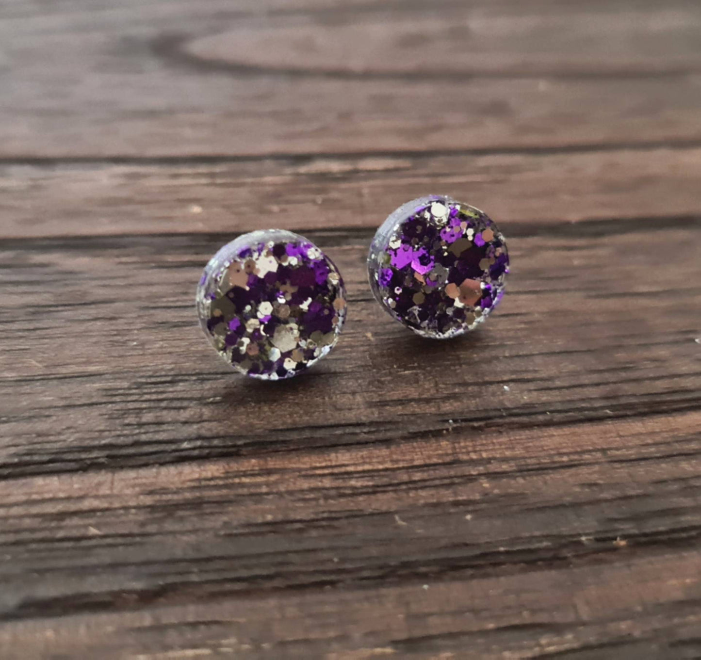 Circle Dot Resin Stud Earrings, Purple Silver Glitter Earrings. Stainless Steel Stud Earrings. 15mm, 12mm, 10mm or 8mm