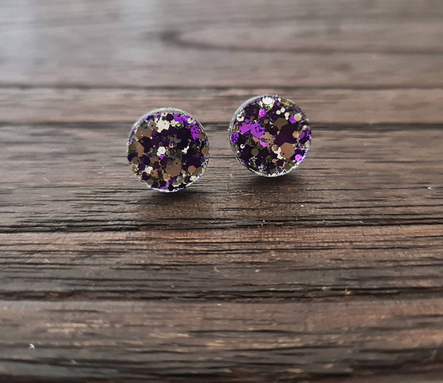 Circle Dot Resin Stud Earrings, Purple Silver Glitter Earrings. Stainless Steel Stud Earrings. 15mm, 12mm, 10mm or 8mm